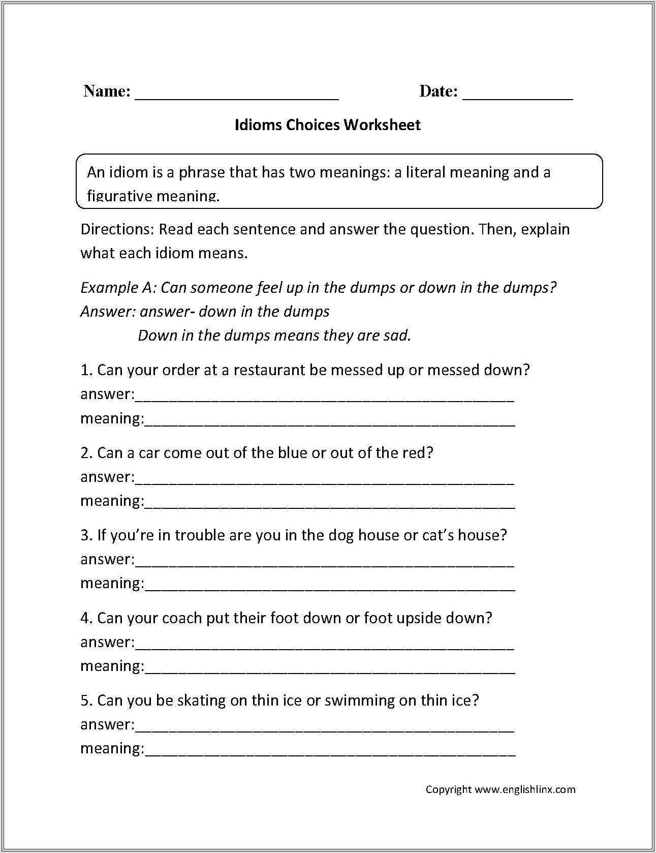 5th Grade Worksheet On Idioms