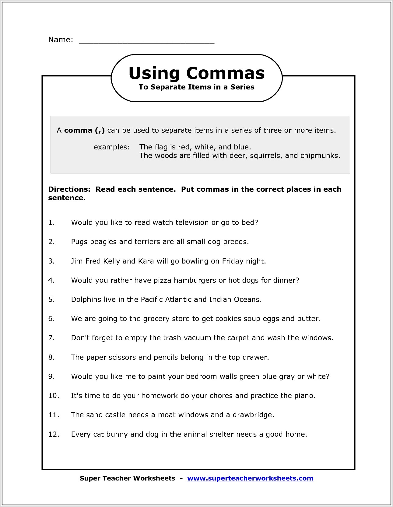 5th Grade Worksheet Using Commas