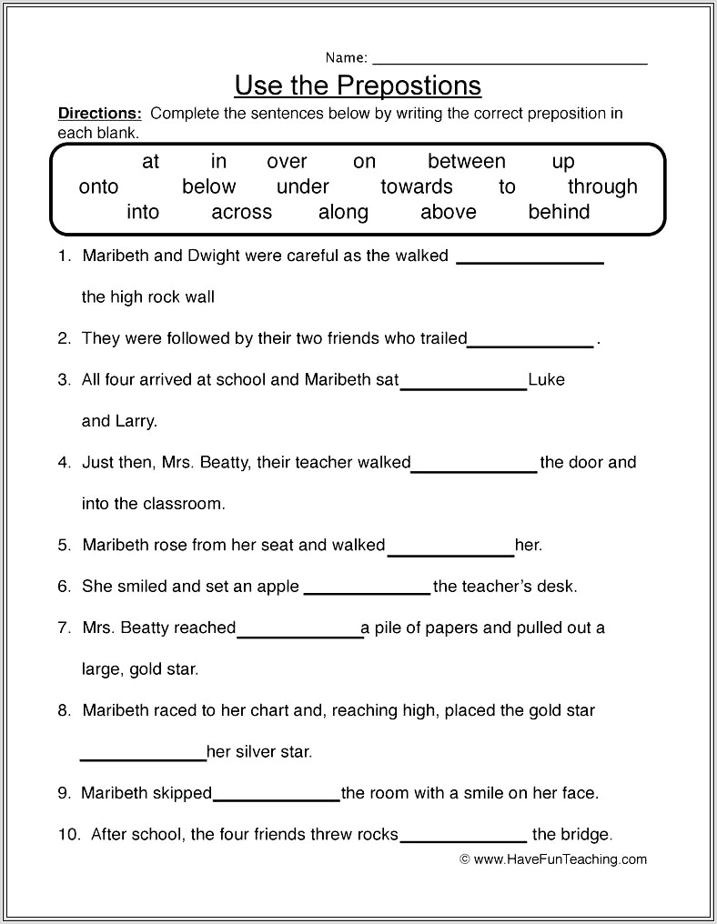 5th Grade Worksheets For Prepositions