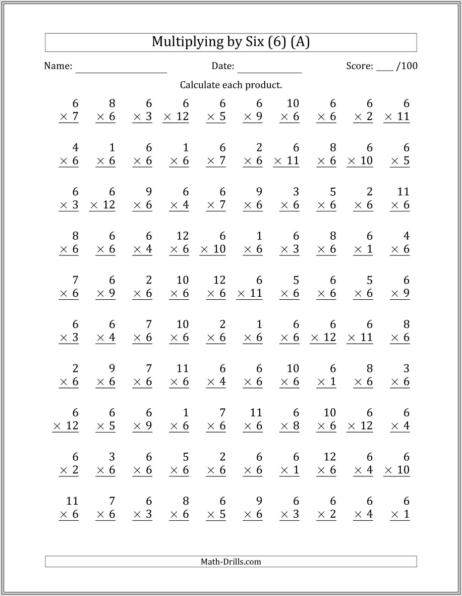 6 Times Table Drill Worksheet