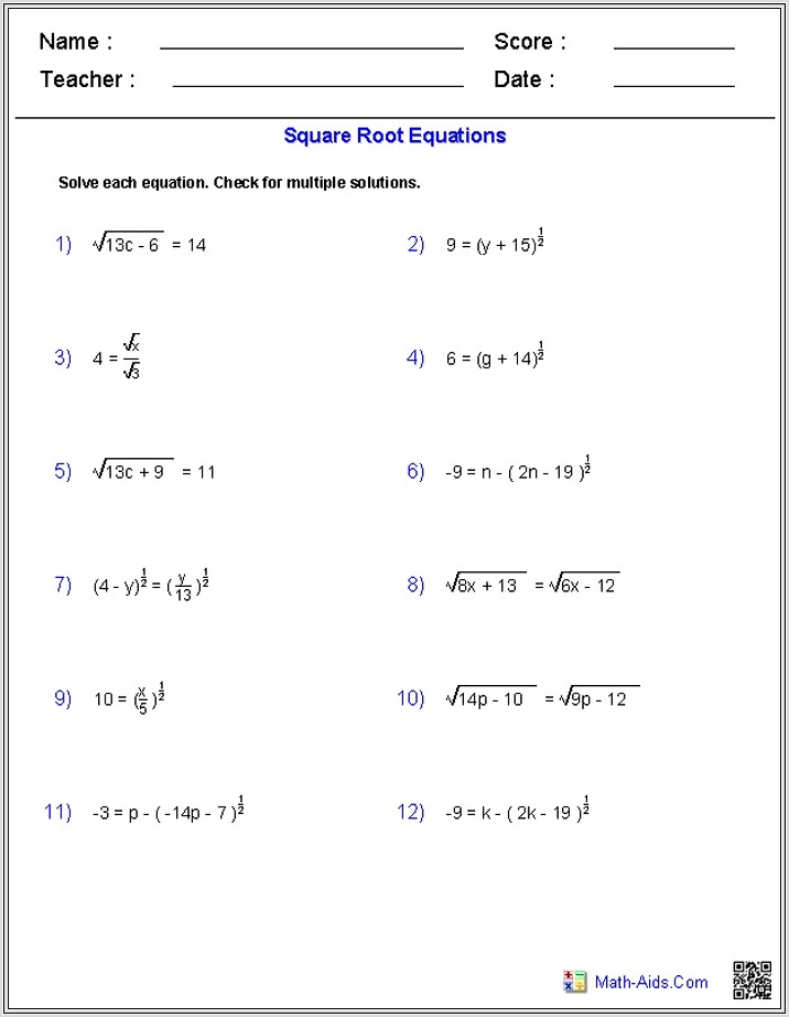6th Grade Math Worksheets Square Root