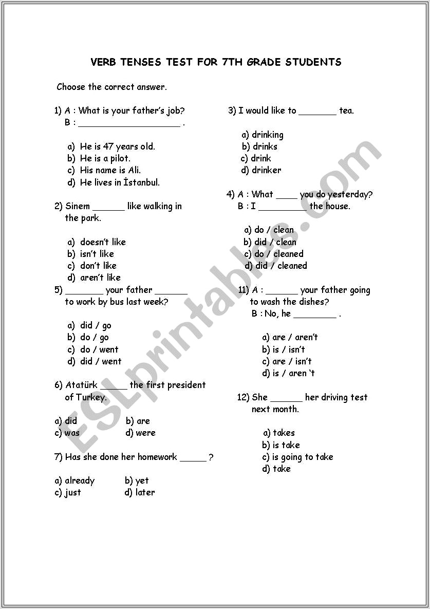 7th Grade English Verb Worksheets