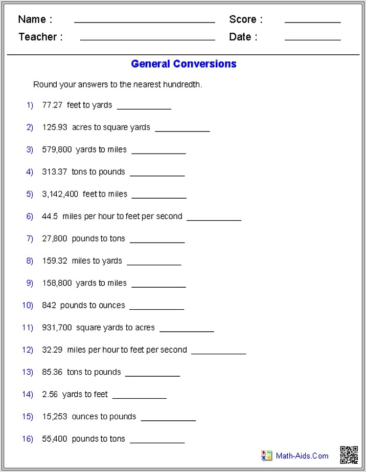 8th Grade Math Conversion Worksheets