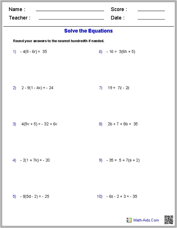 8th Grade Math Worksheets On Linear Equations