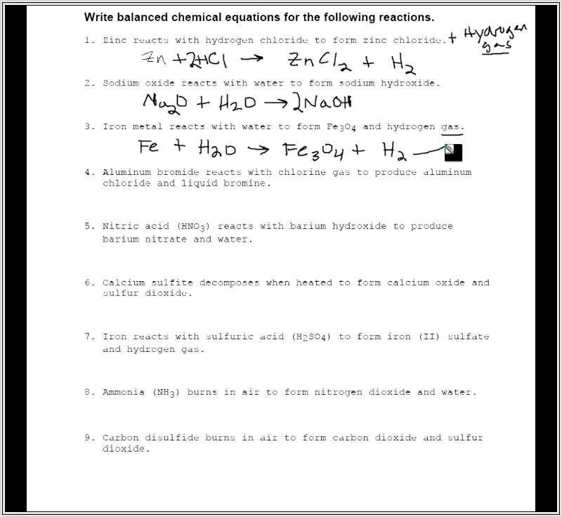 Acid Reactions Word Equations Worksheet
