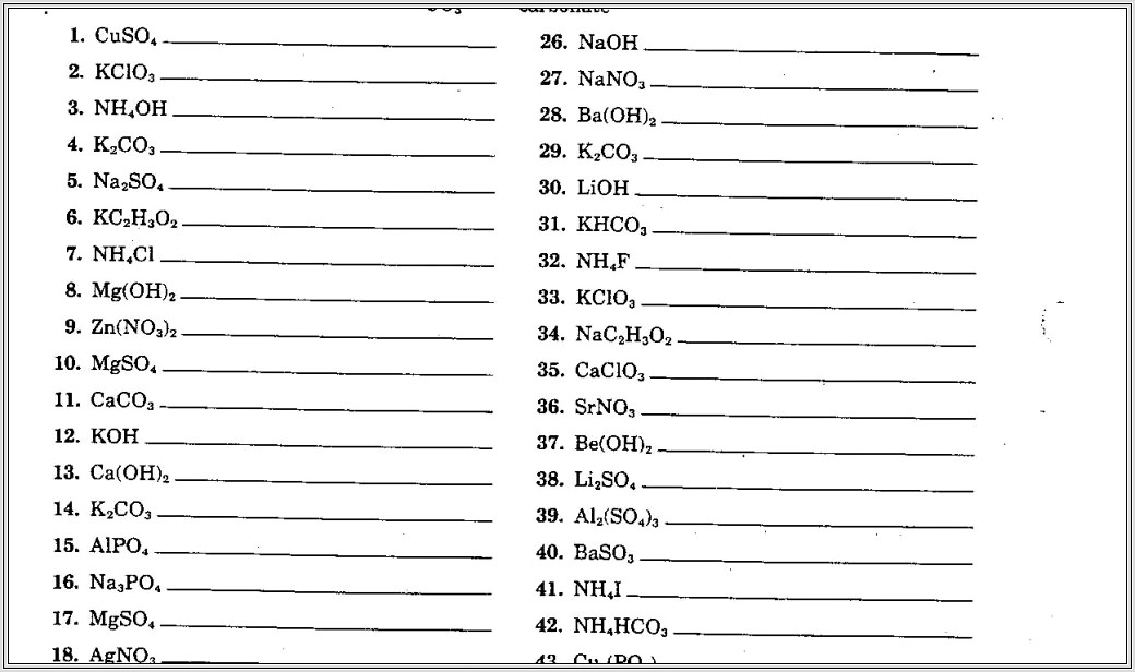 Acids Formula Writing And Naming Worksheet
