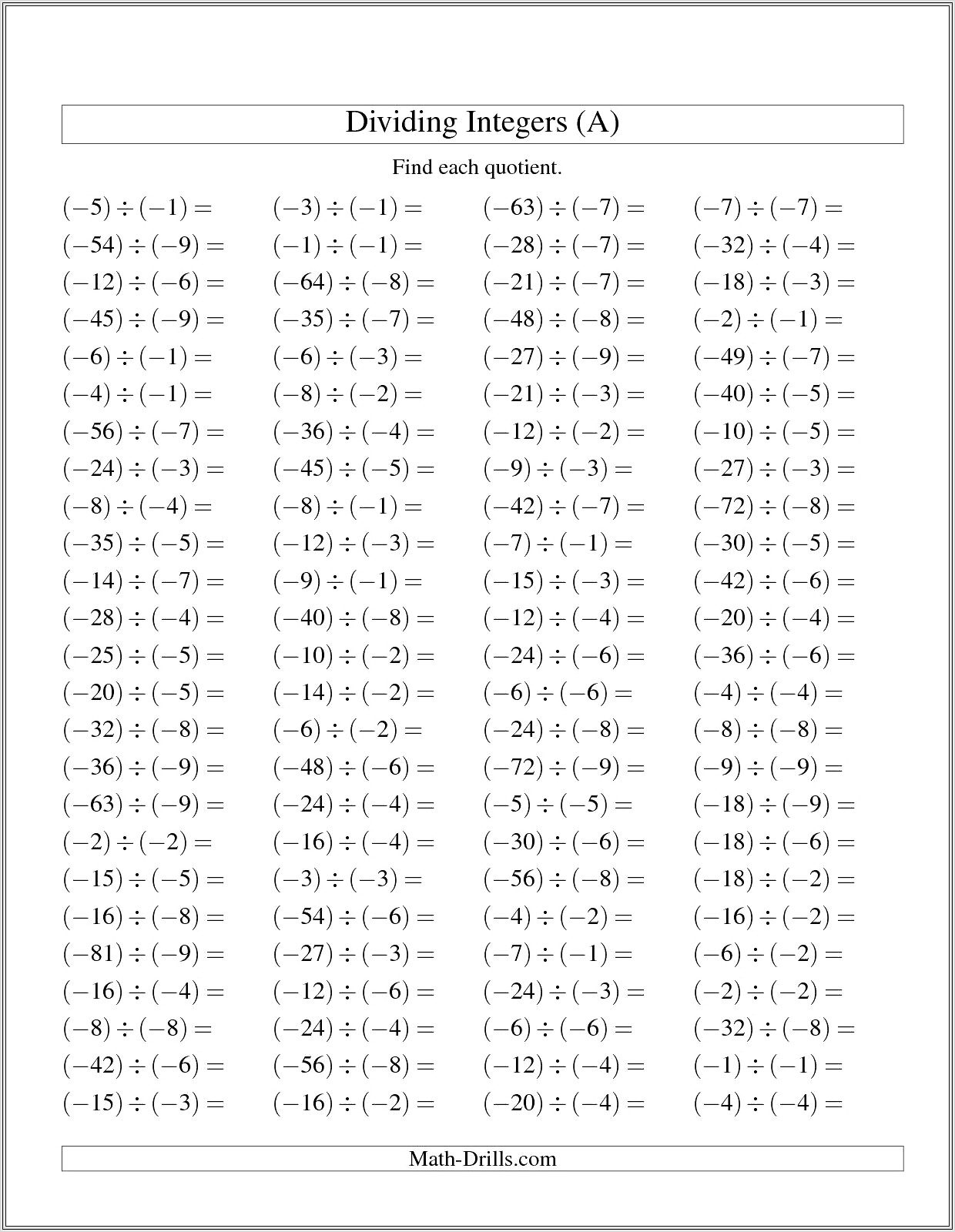 Adding And Multiplying Negative Numbers Worksheet