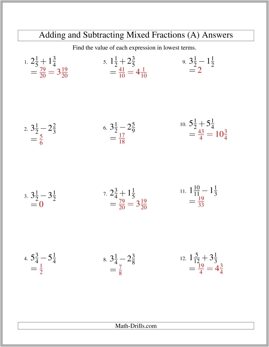 Adding Mixed Numbers Without Regrouping Worksheet