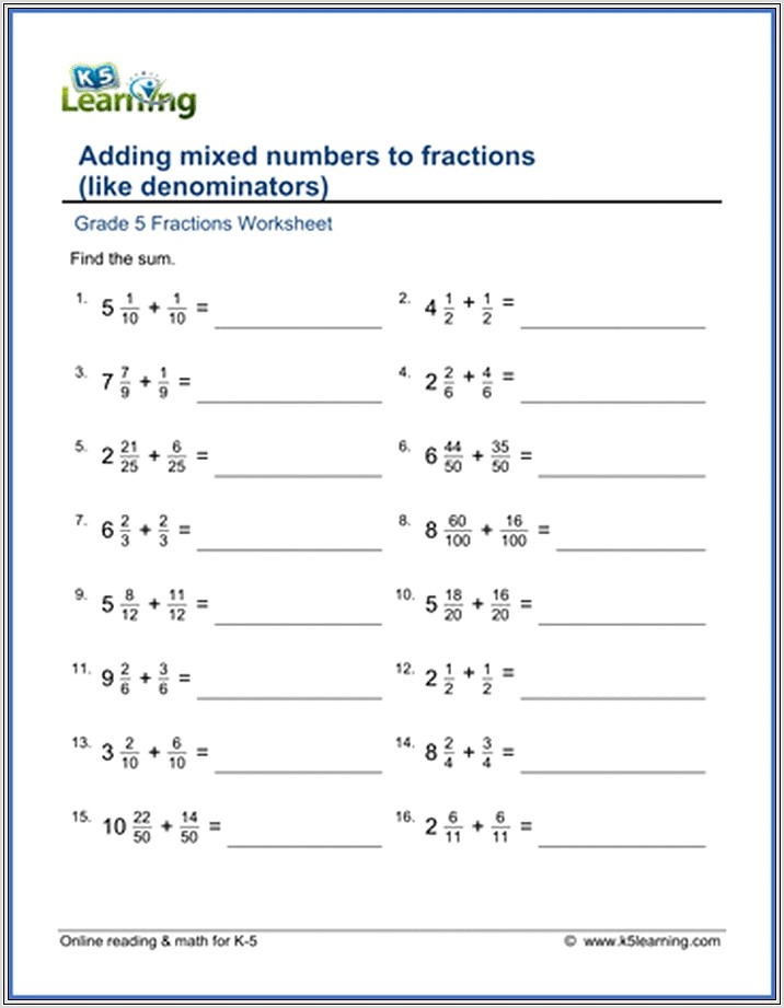 Adding Mixed Numbers Worksheet 4th Grade