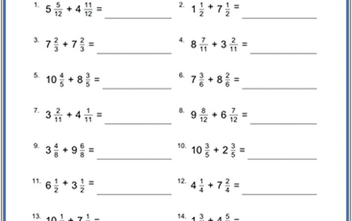 Adding Mixed Numbers Worksheet Like Denominators