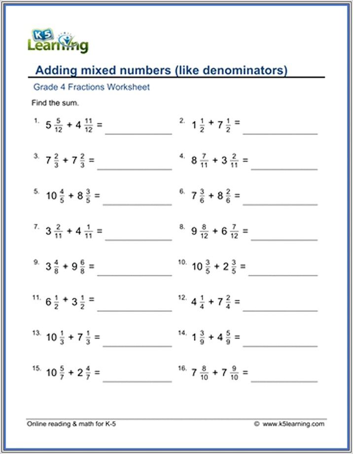 Adding Mixed Numbers Worksheet Like Denominators