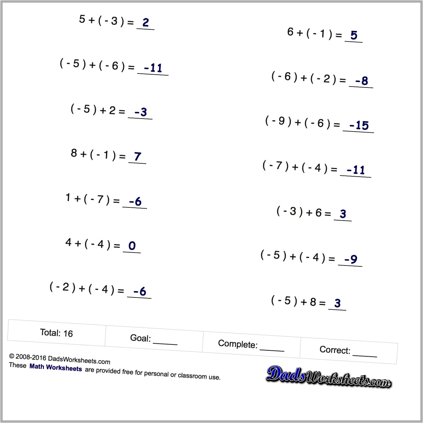 Adding Negative Numbers Number Line Worksheets