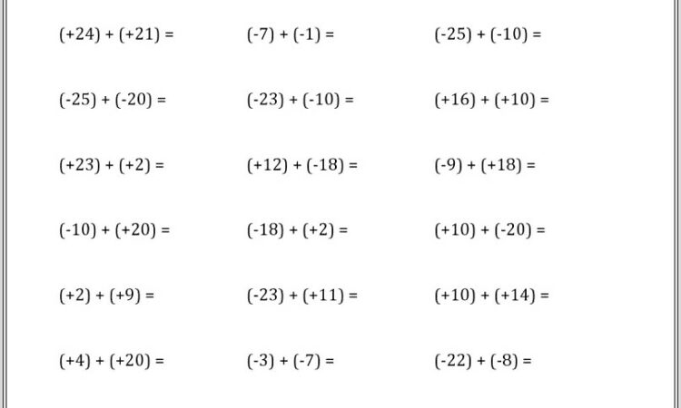 Adding Negative Numbers Worksheet 7th Grade