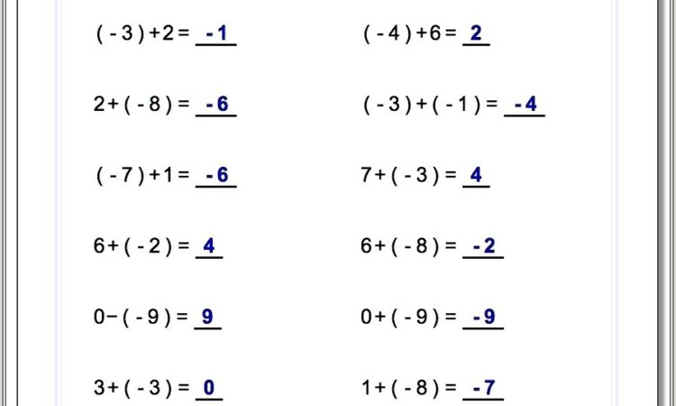 Adding Subtracting Multiplying Dividing Negative Numbers Worksheet