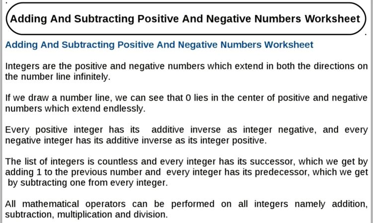 Adding Subtracting Negative Numbers Worksheet