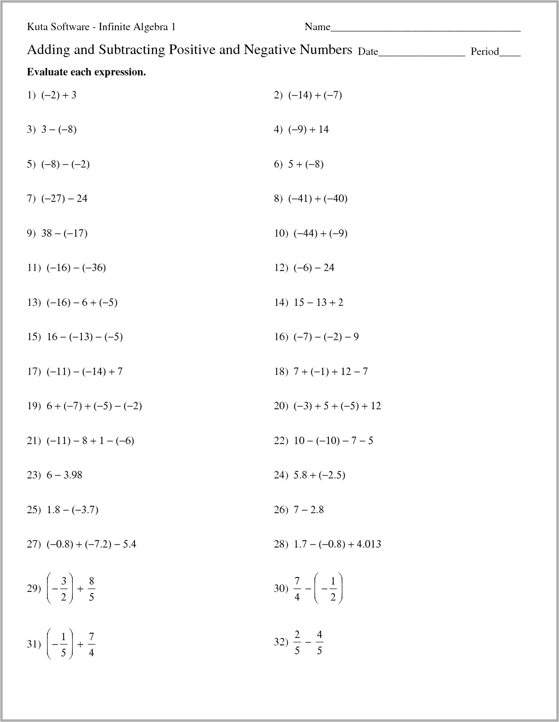 Adding Subtracting Negative Numbers Worksheet Tes