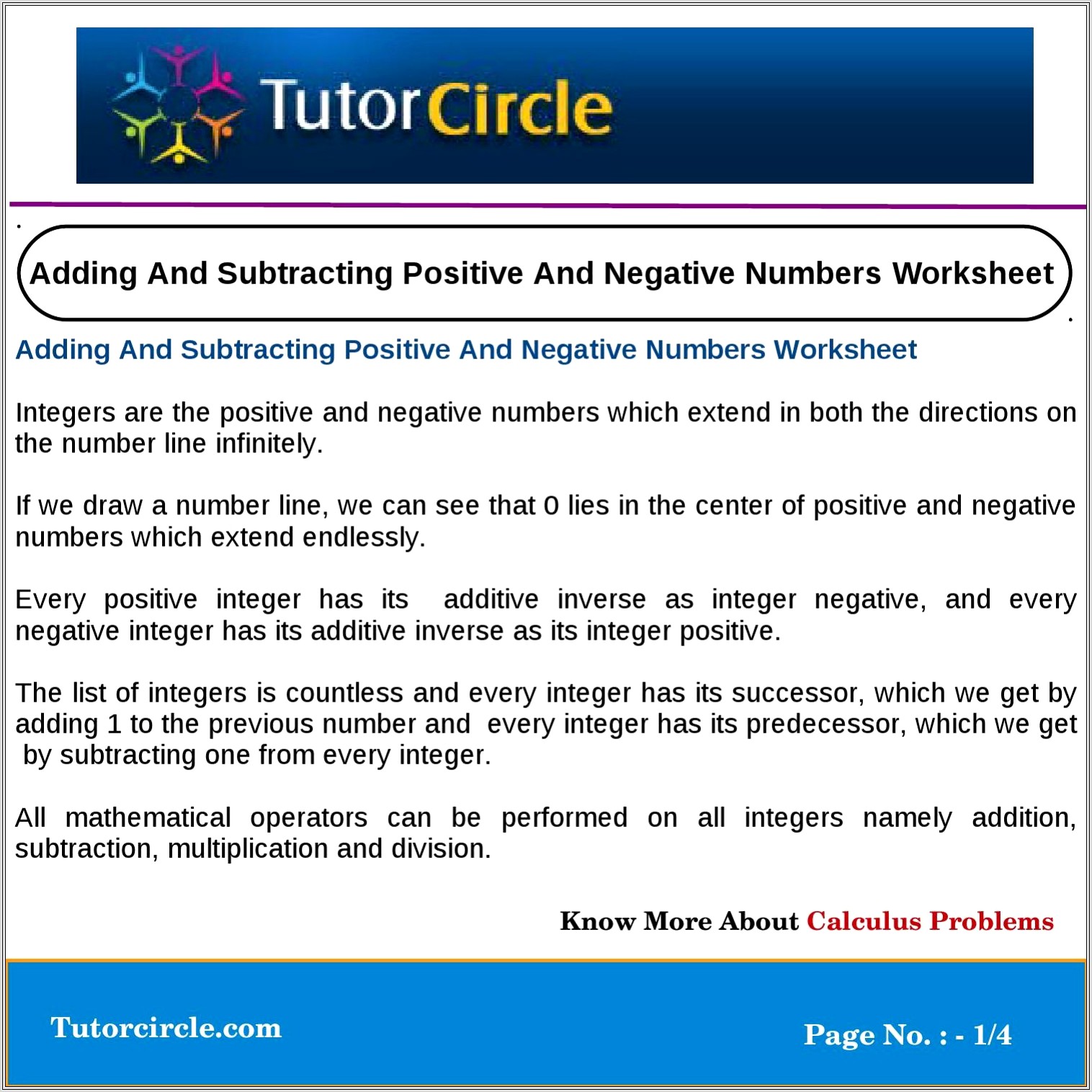 Adding Subtracting Negative Numbers Worksheet