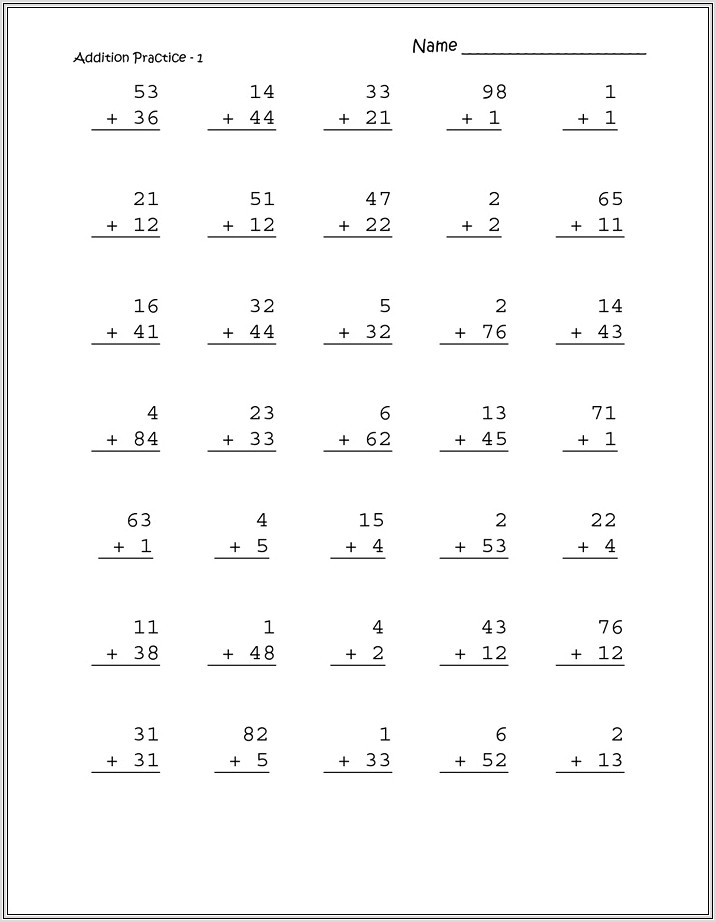 Adding Two Digit Numbers Worksheets Grade One