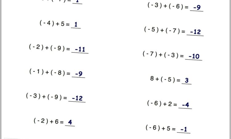 Adding Two Negative Numbers Worksheet