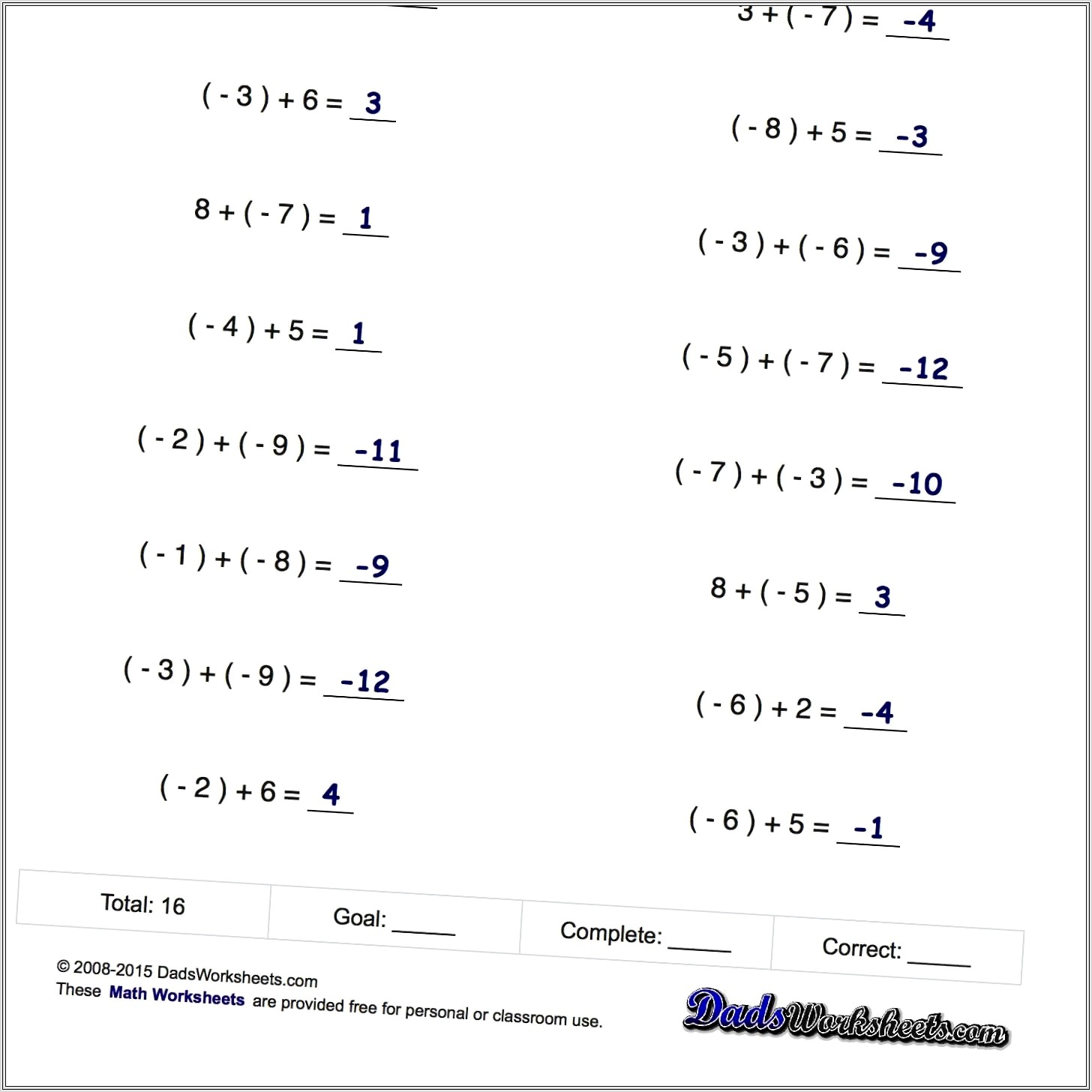 Adding Two Negative Numbers Worksheet