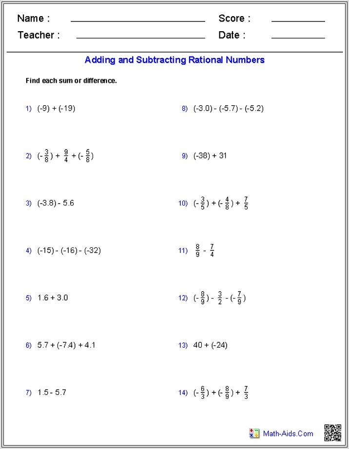 Applying Rational Numbers Worksheet