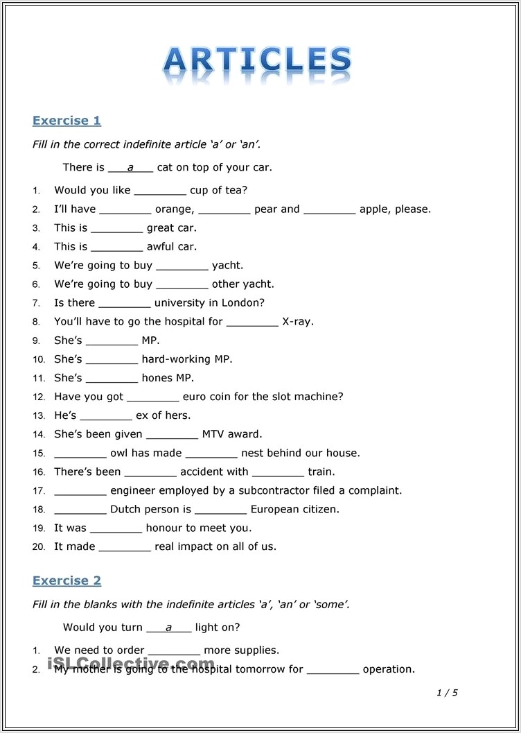 Articles Worksheet For Grade 5 Pdf