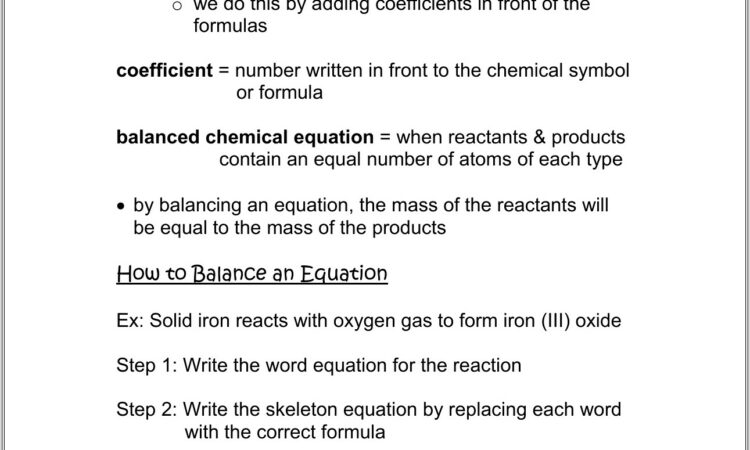 Balancing Chemical Equations Word Equations Worksheet