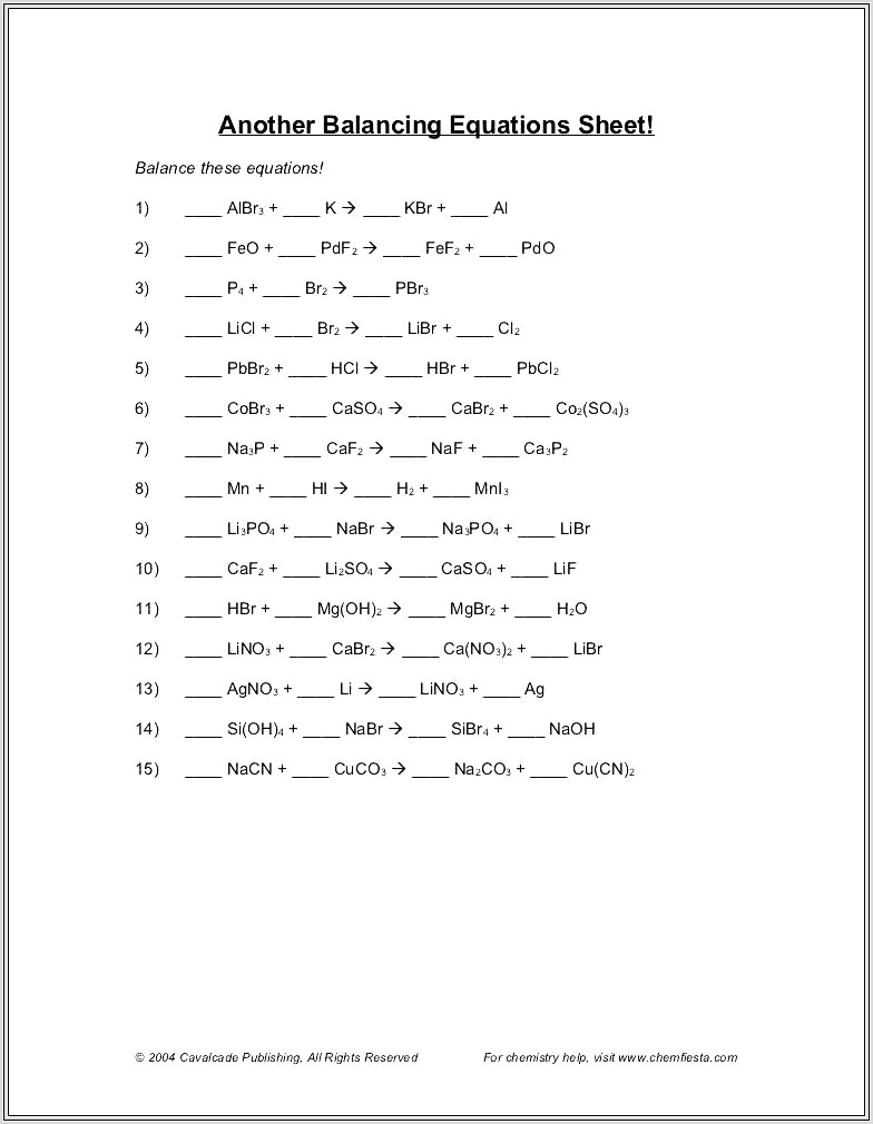 Balancing Word Equations Practice Worksheet