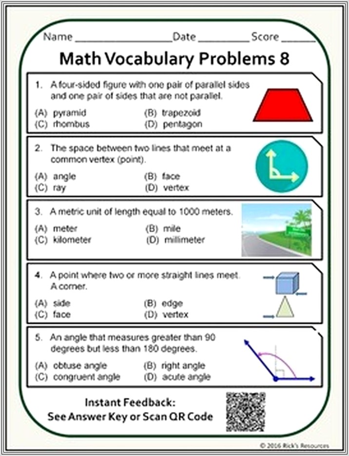 Basic Math Vocabulary Worksheets