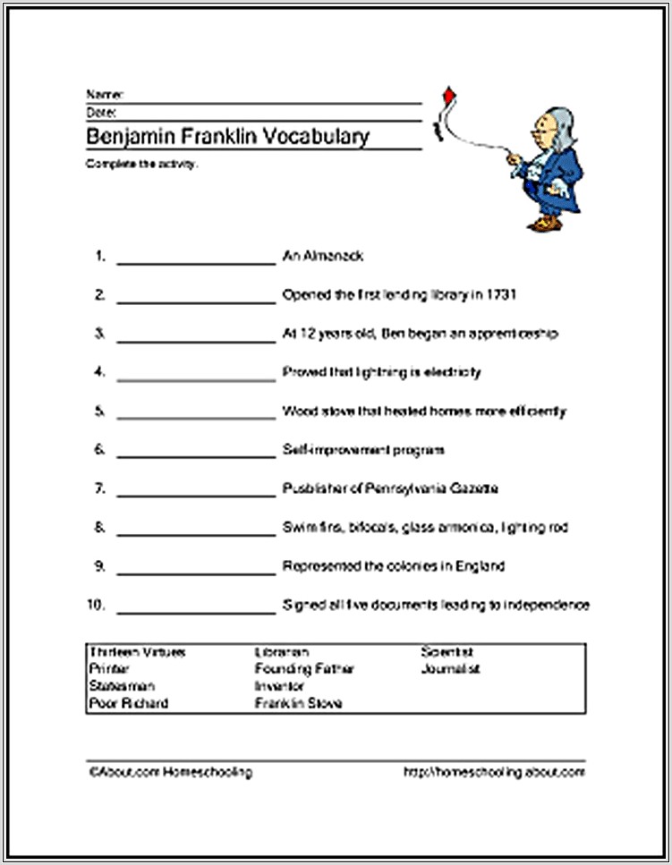 Benjamin Franklin Worksheet Second Grade