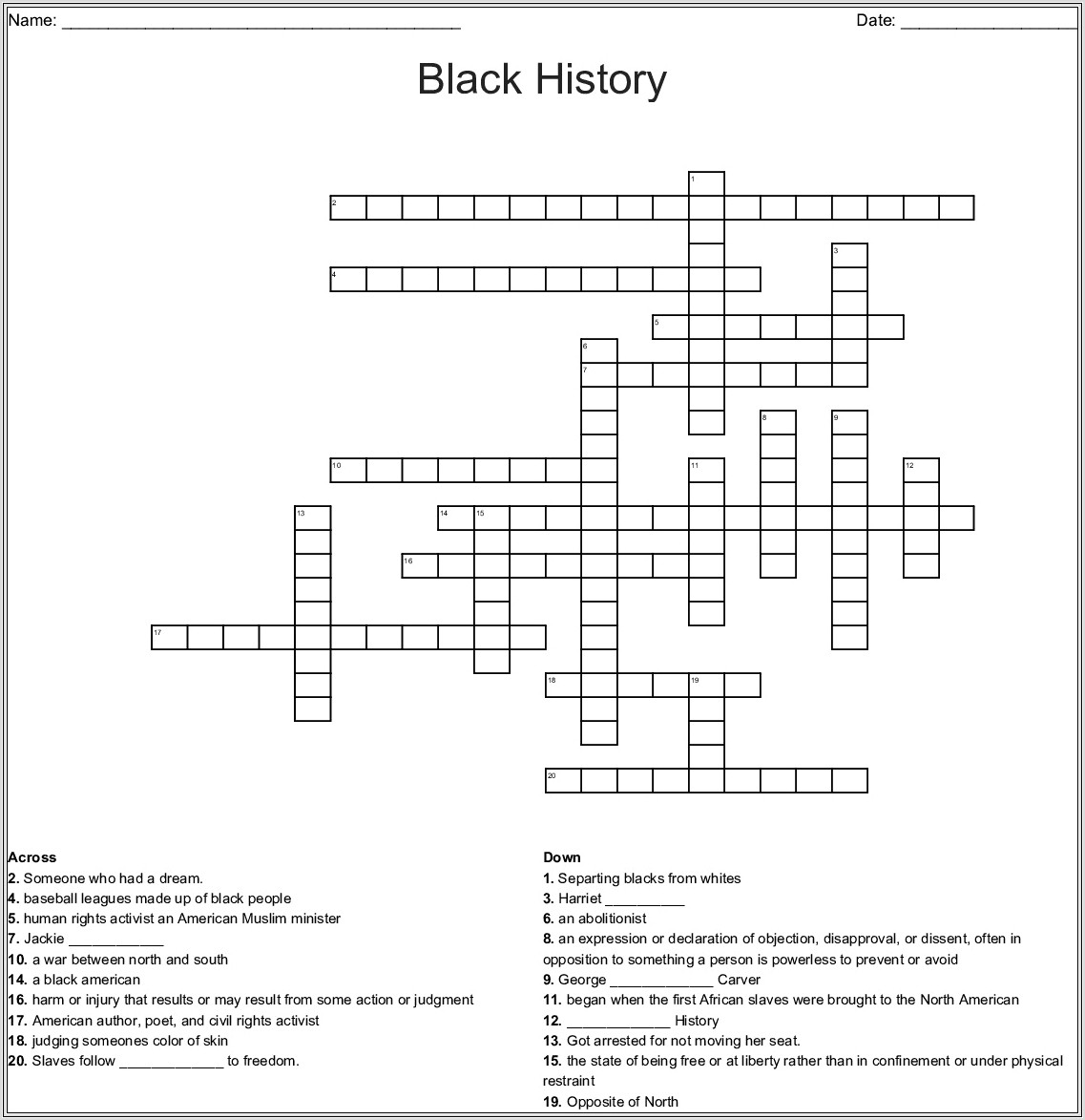 Black History Month Crossword Puzzle Worksheet Answers