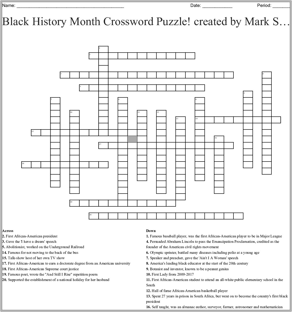 Black History Month Crossword Puzzles