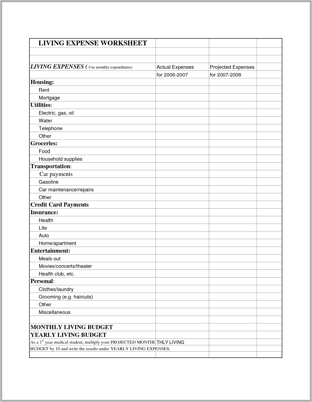 Budget Worksheet Monthly Expenses