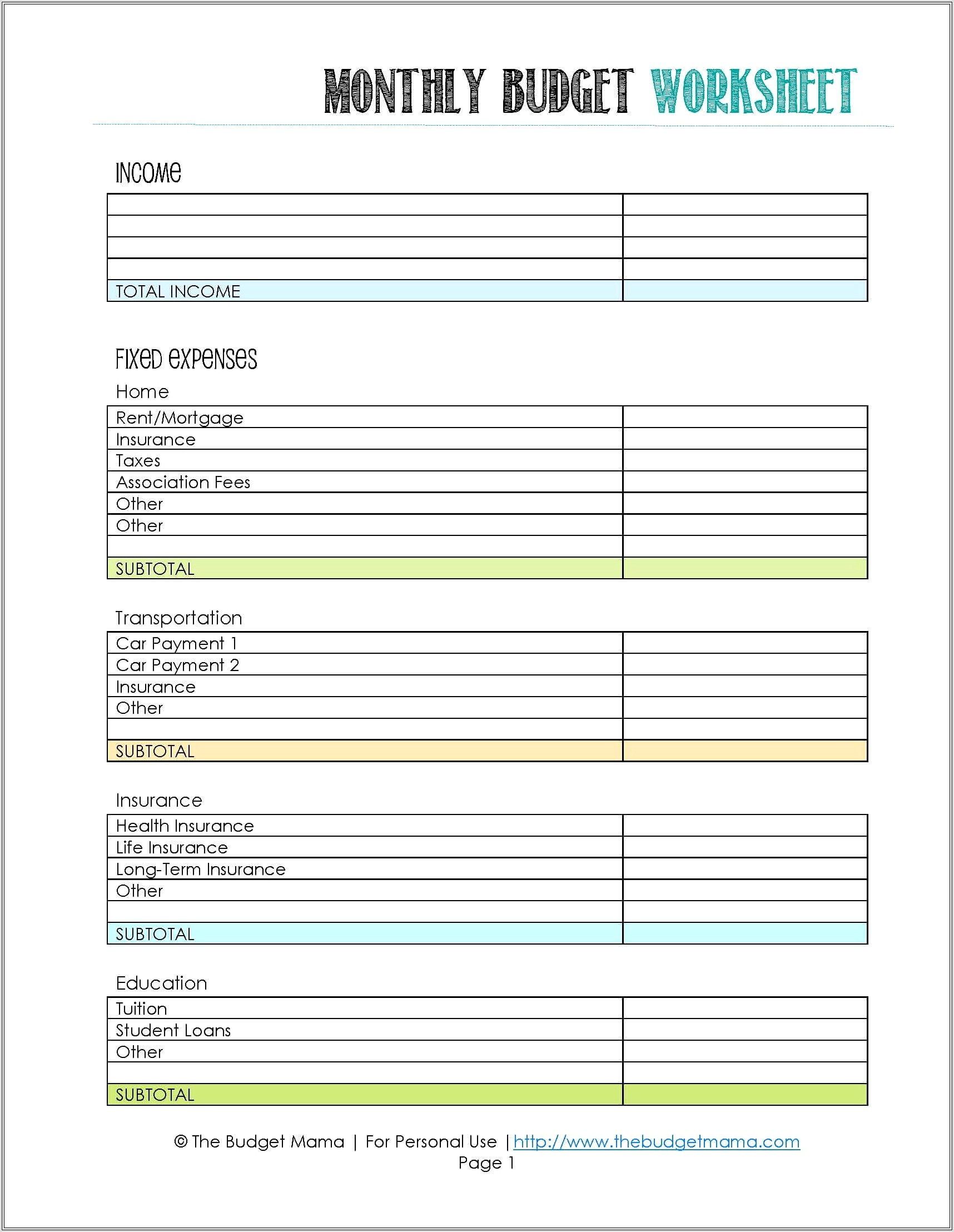 Budget Worksheet Student Loans