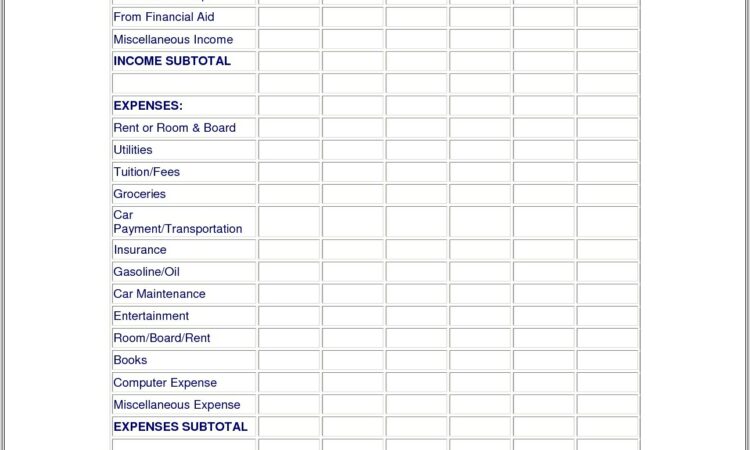 Budget Worksheet Template For College Student