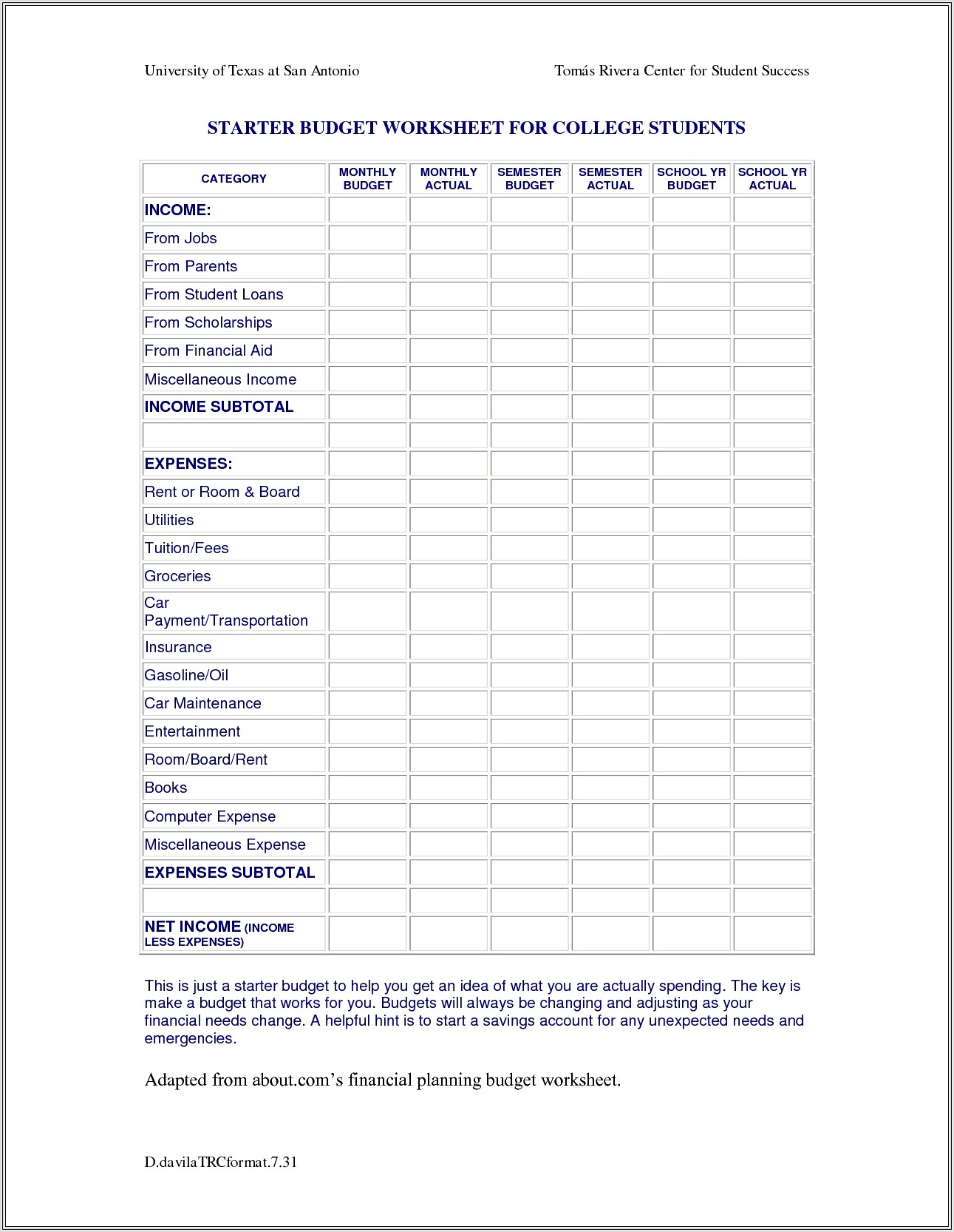 Budget Worksheet Template For College Student