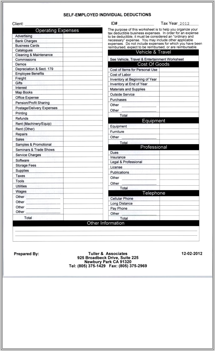 Business Tax Worksheet Excel