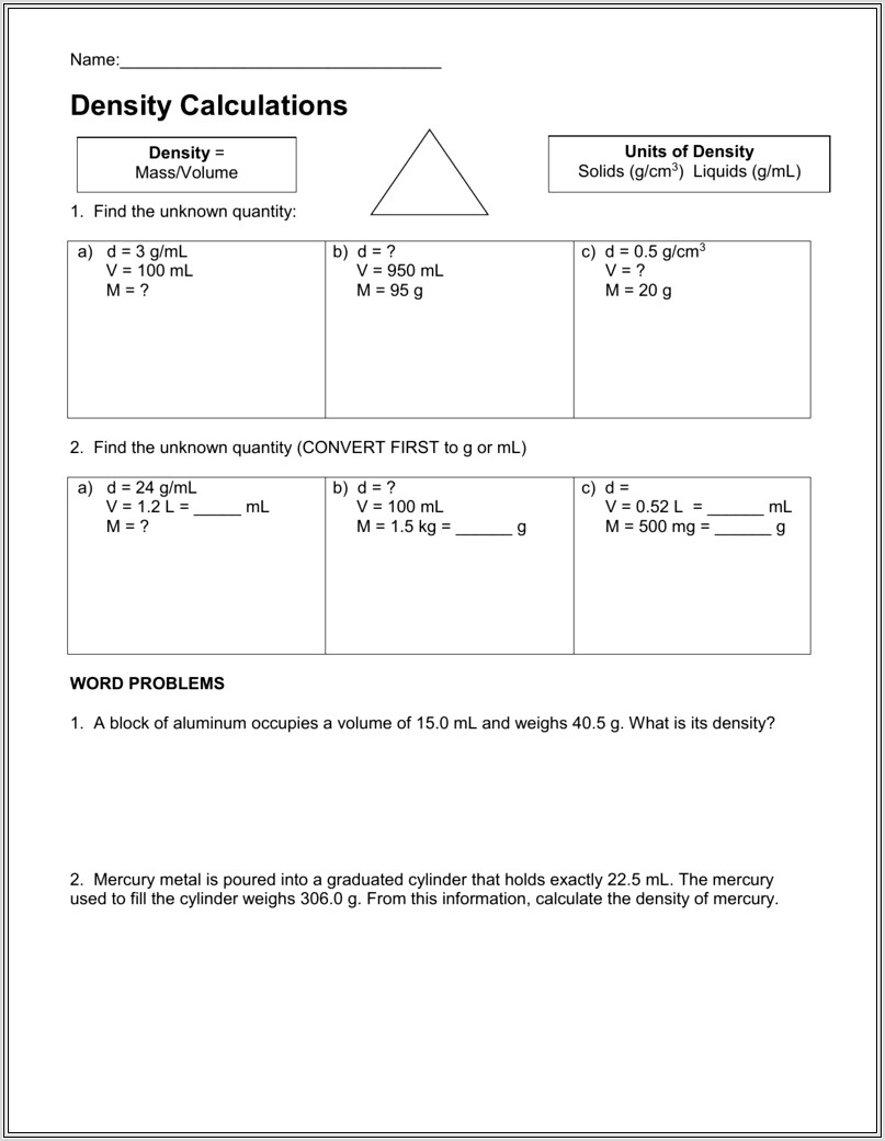 Calculating Density Worksheet Tes