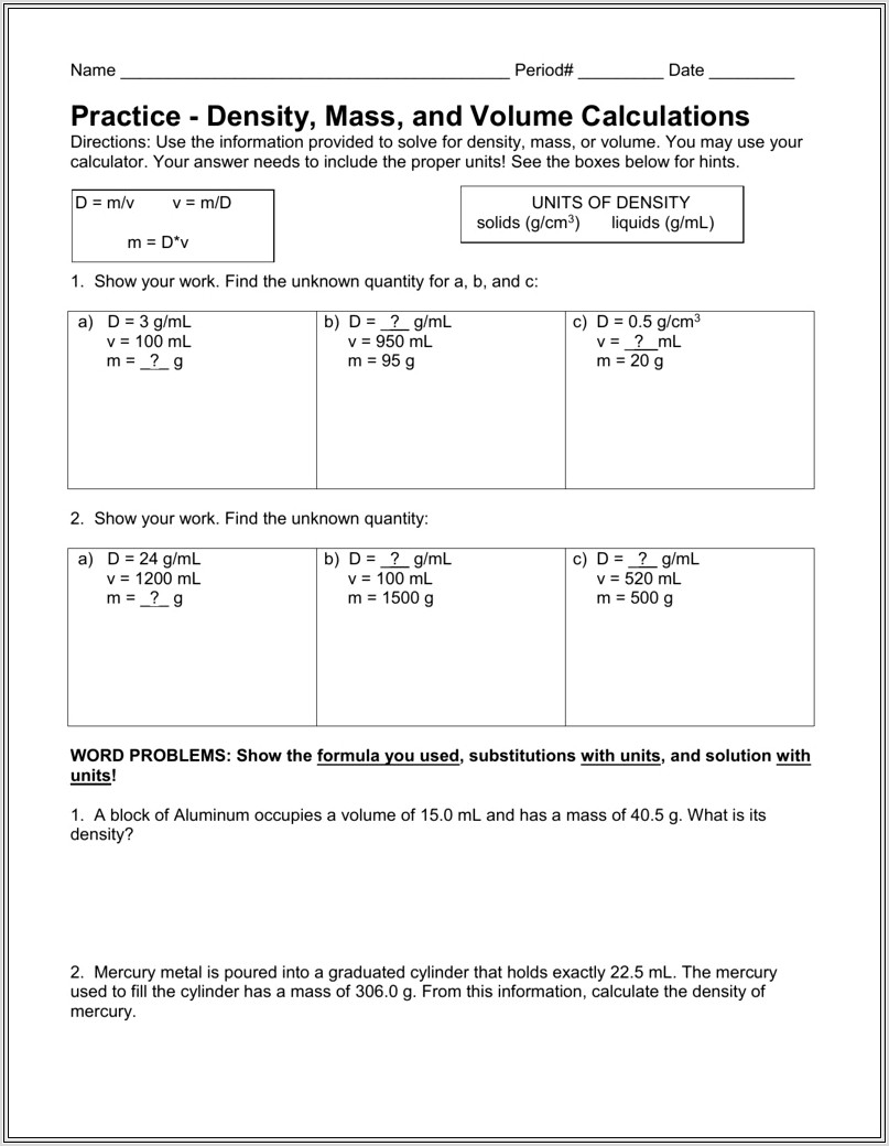 Calculating Density Worksheet With Answer Key
