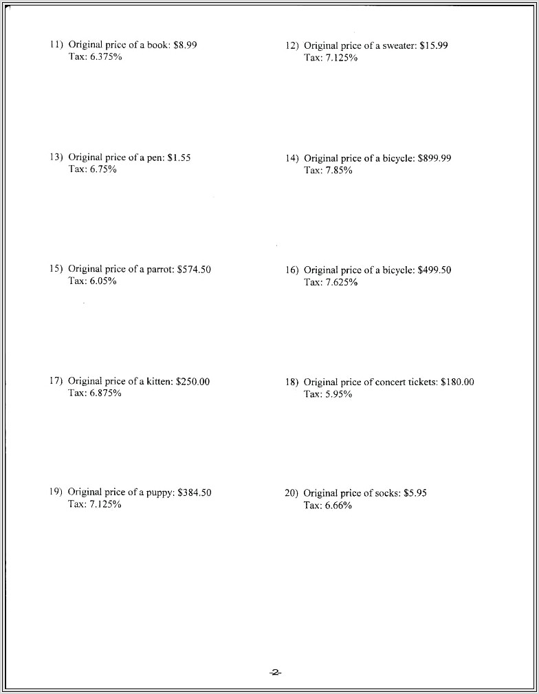 Calculating Sales Tax Worksheet Middle School