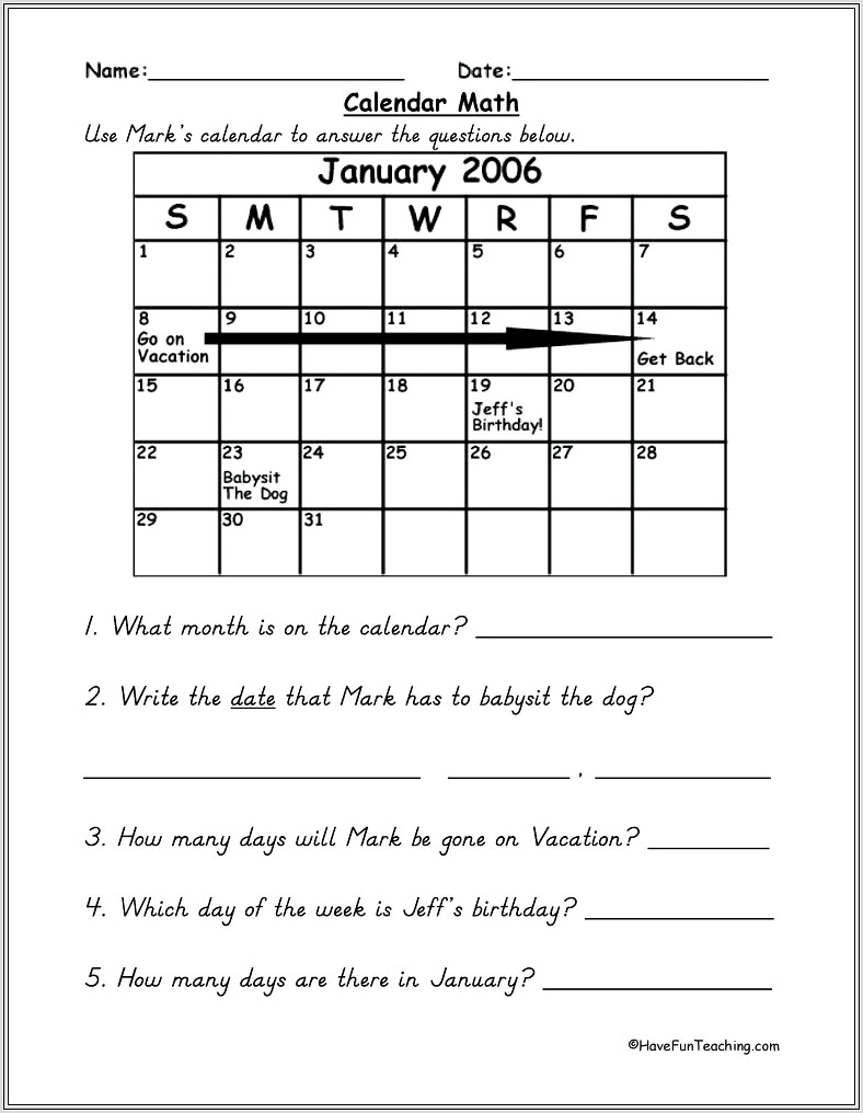 Calendar Worksheet Second Grade