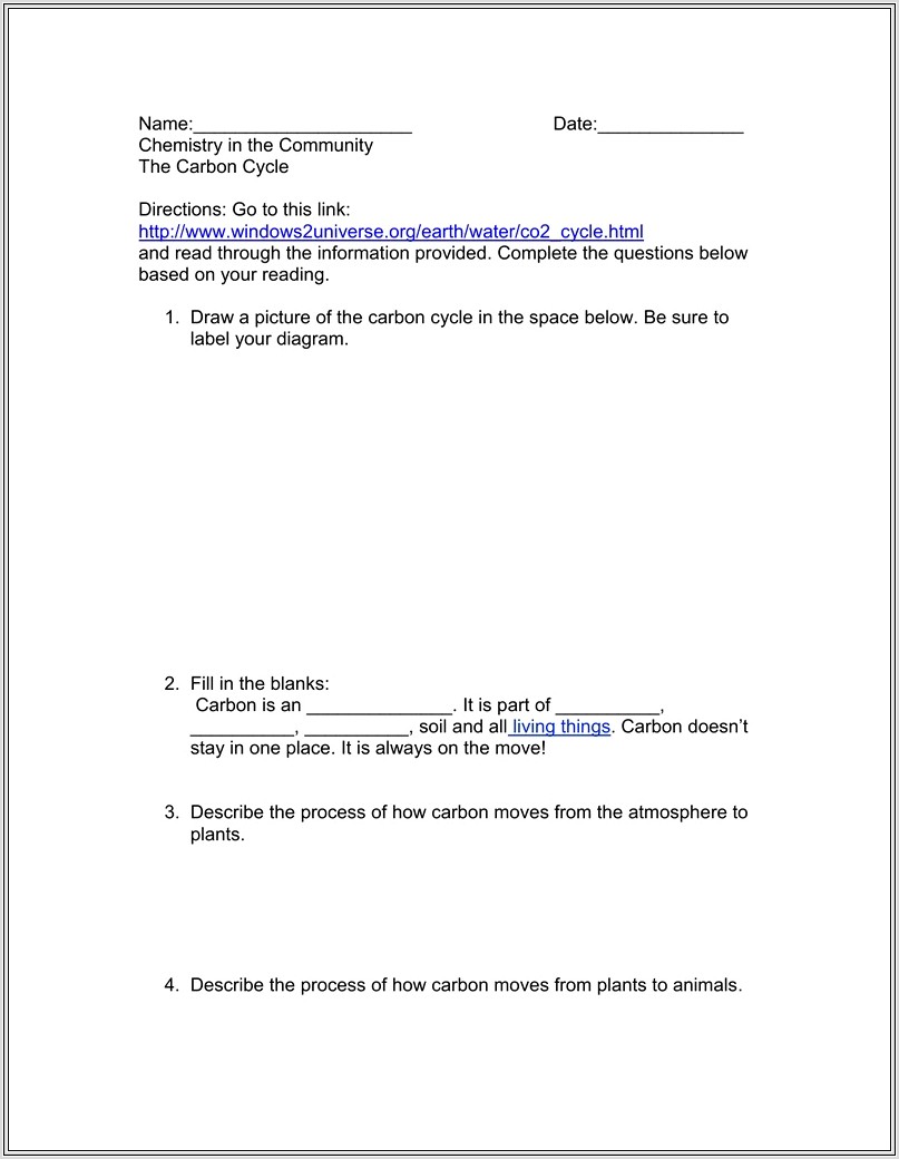 Carbon Cycle Reading Worksheet