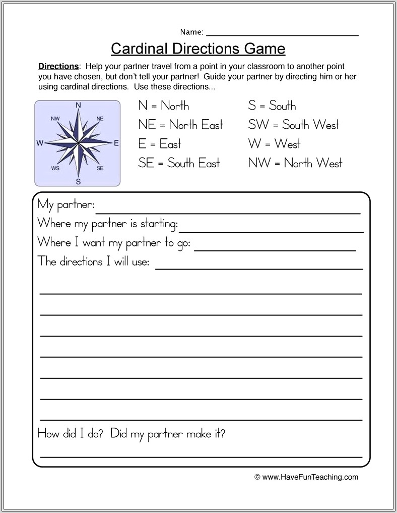 Cardinal Directions Worksheet For First Grade