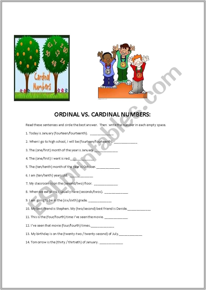 Cardinal Vs Ordinal Numbers Worksheet