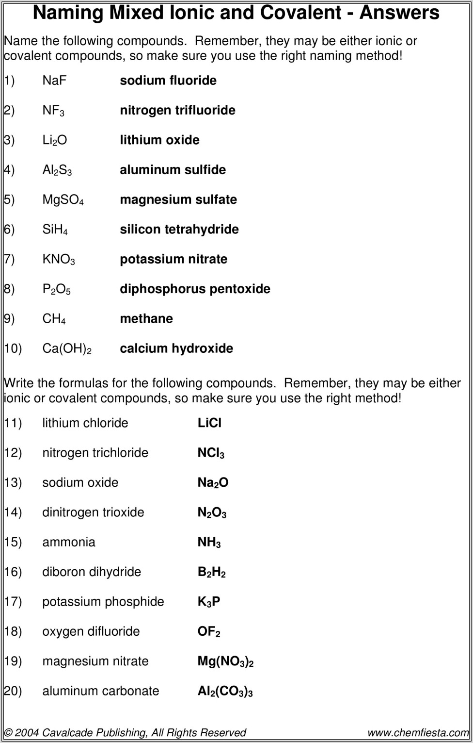 Chemistry 1 Formula Writing And Nomenclature Worksheet