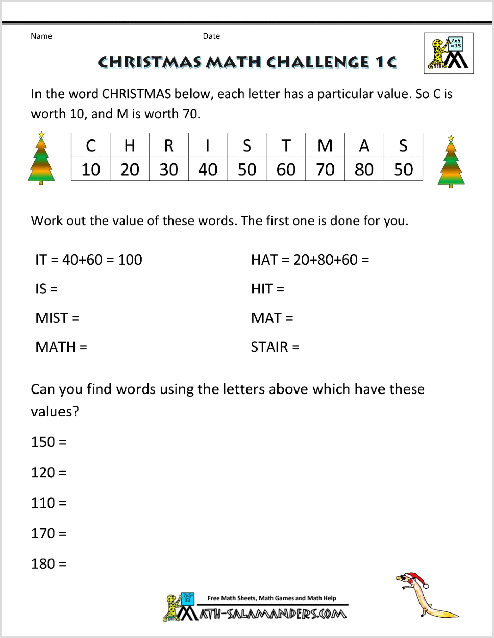 Christmas Math Worksheet For Middle School