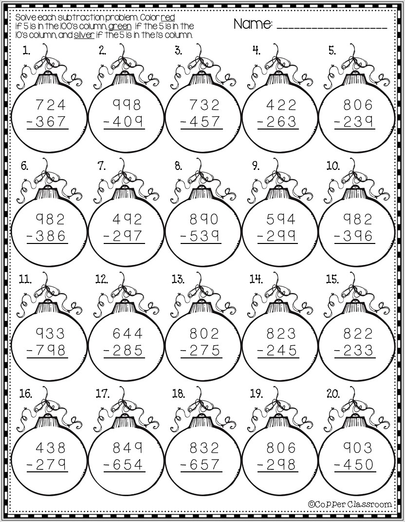 Christmas Math Worksheets Subtraction With Regrouping