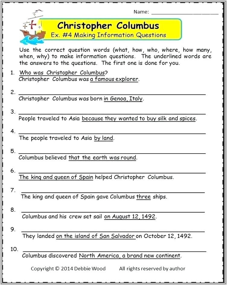 Christopher Columbus Worksheet Middle School