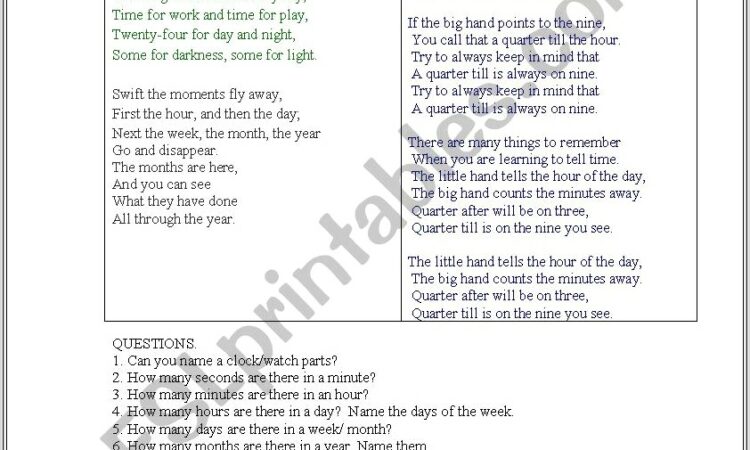 Clock Time Questions Worksheet