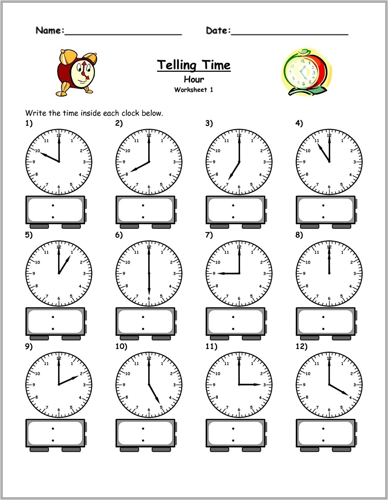 Clocks For Teaching Time Worksheets